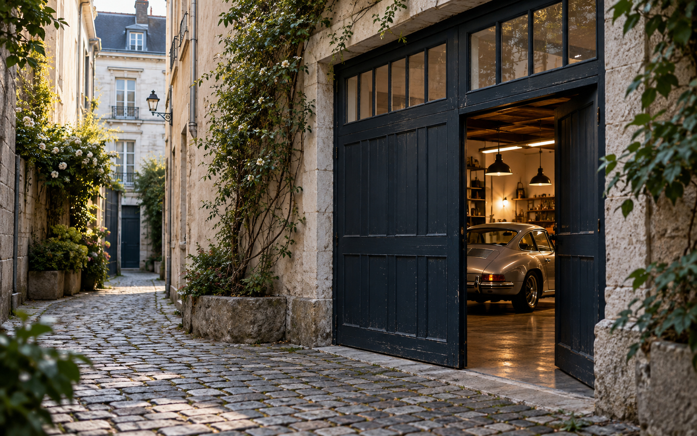 entrée de l'atelier au fond d'une impasse, porte en bois peinte