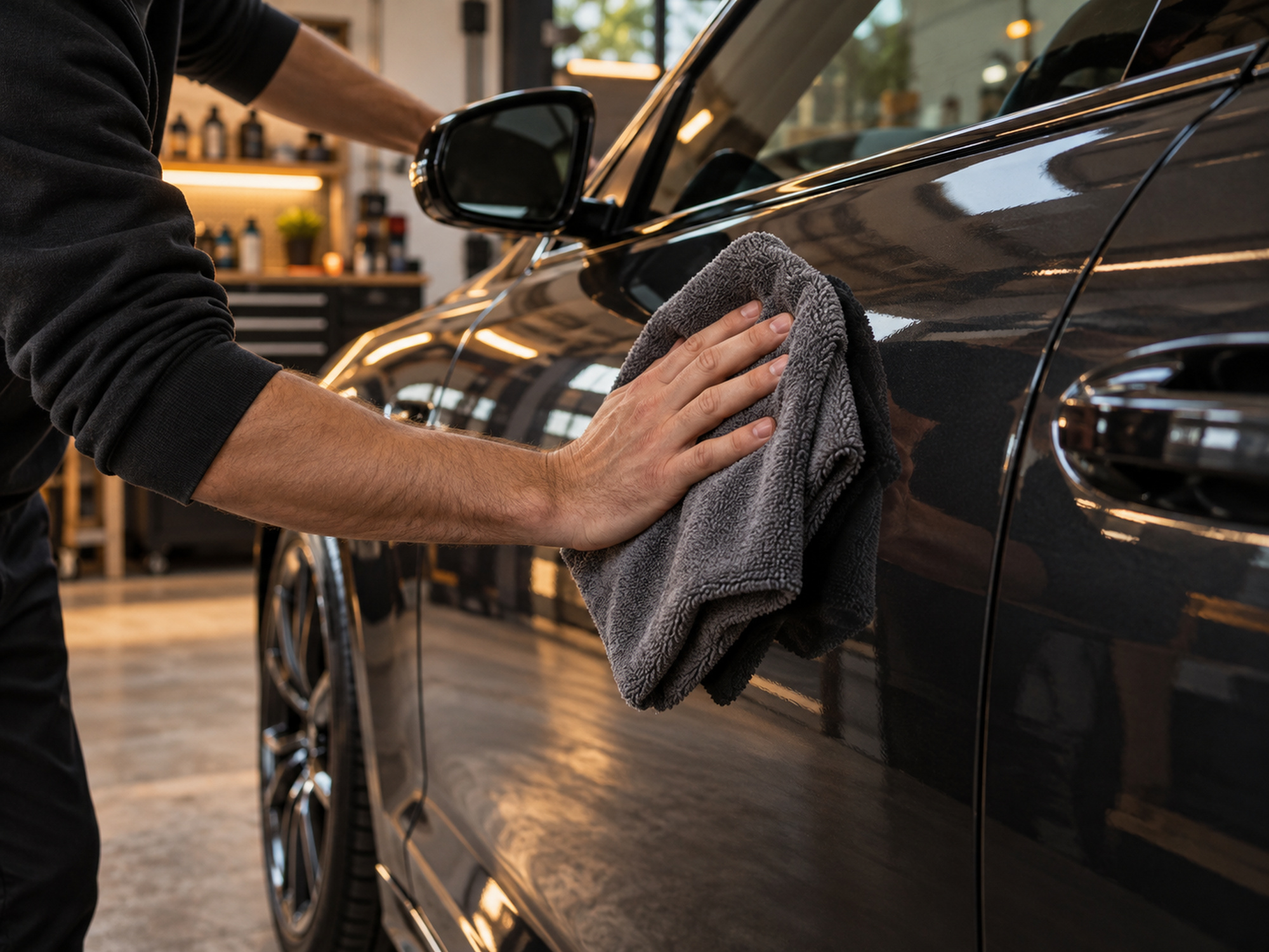 mains essuyant une portière avec une microfibre, atelier chaleureux